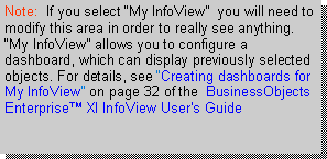 Text Box: Note:  If you select My InfoView  you will need to modify this area in order to really see anything.  My InfoView allows you to configure a dashboard, which can display previously selected objects. For details, see Creating dashboards for My InfoView on page 32 of the  BusinessObjects Enterprise XI InfoView Users Guide